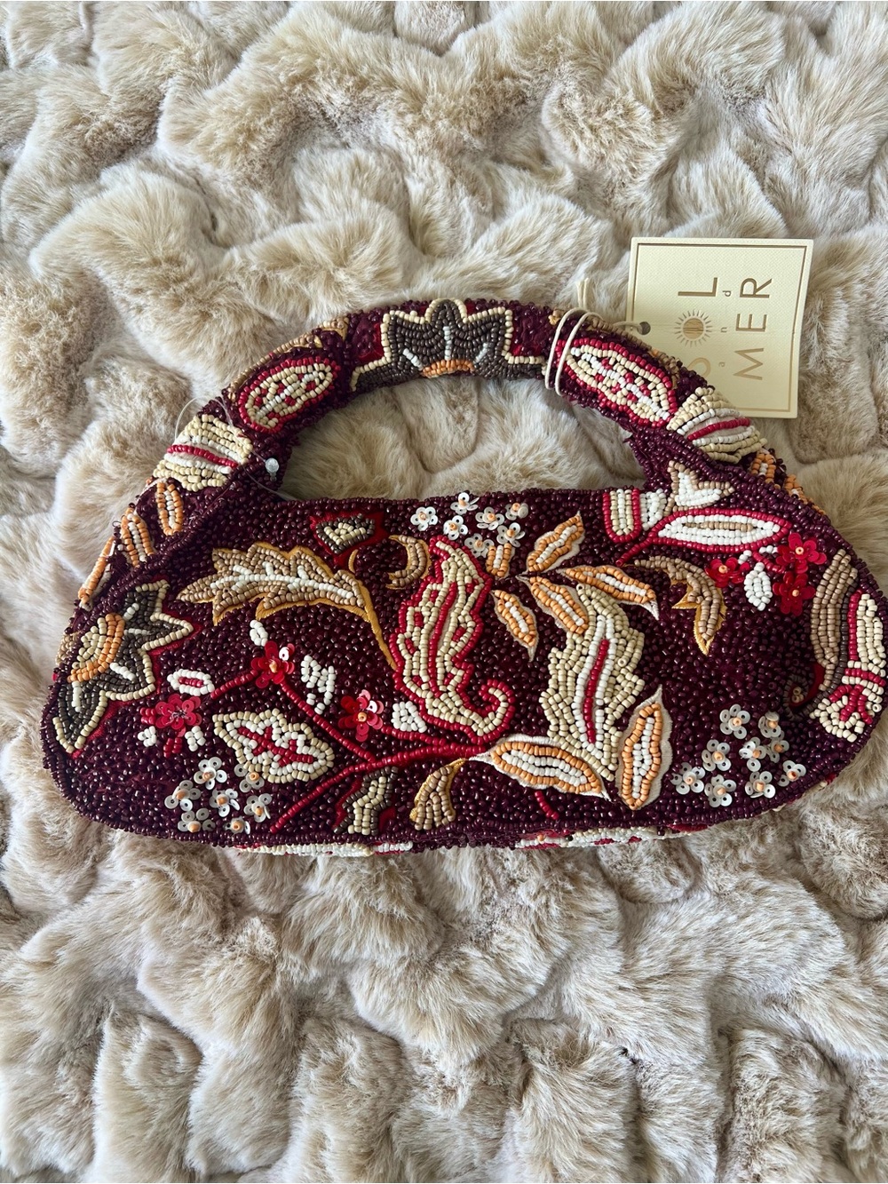 NWT SOL & MER Burgundy Beaded Floral and Leaf Clutch with Gold and Cream Accents